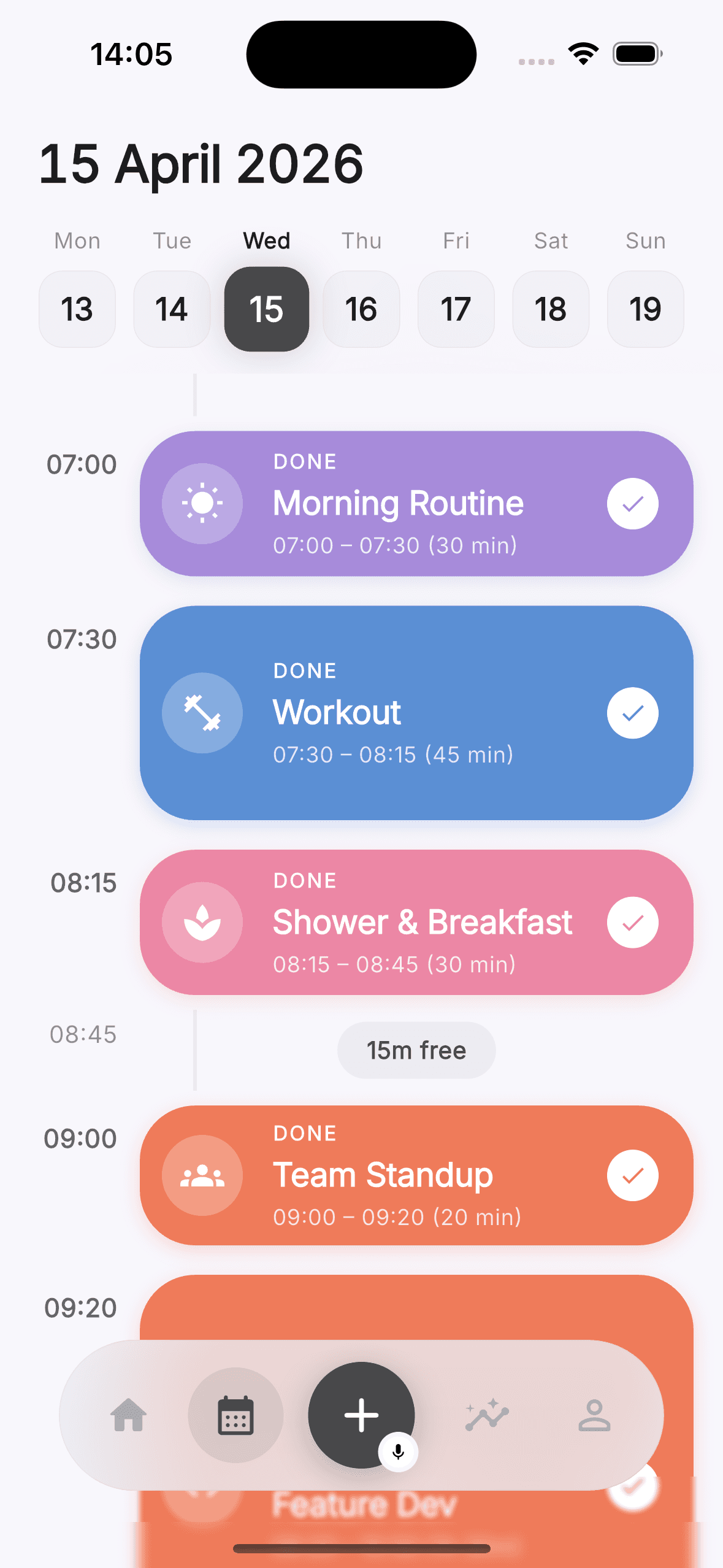 Persora living timeline showing proportional task blocks